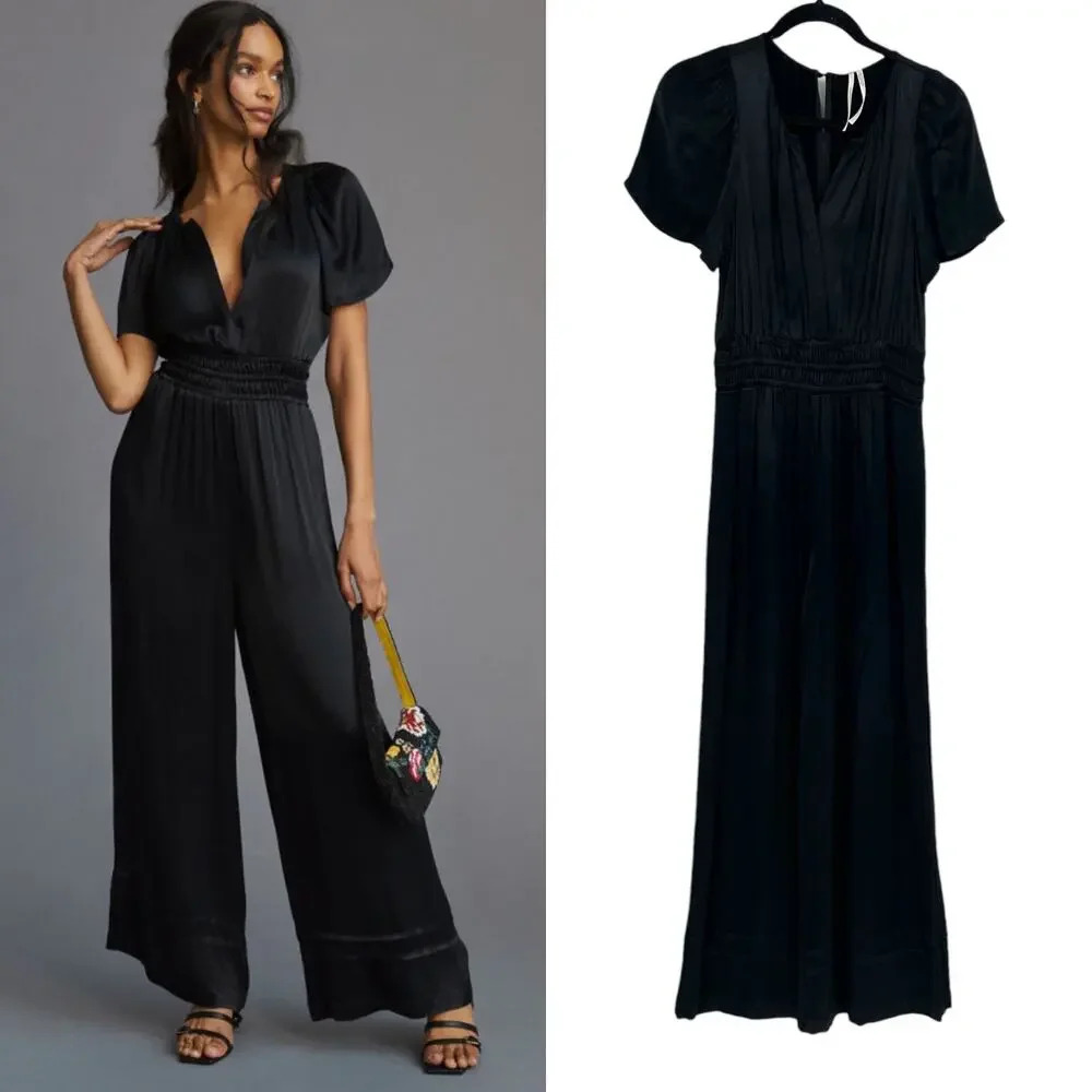 Anthropologie The Somerset Jumpsuit Black Satin Wide Leg Short Sleeve Black Xs